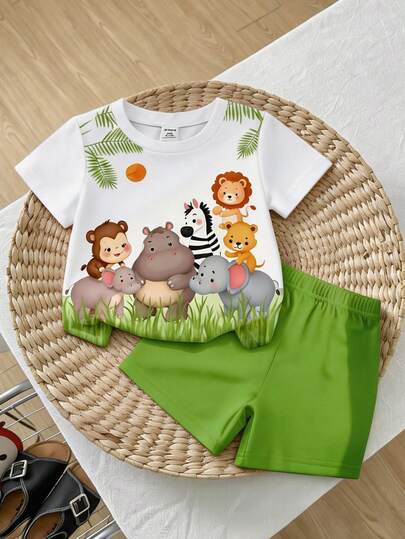 SHEIN GraphicGems Baby Boys Casual Vacation Minimalist Stylish Cute Animal Zoo Monkey Hippo Elephant Zebra Lion Bear Round Neck T-Shirt And Matching Shorts Set, Suitable For Summer, Casual, Outdoor, School Wear