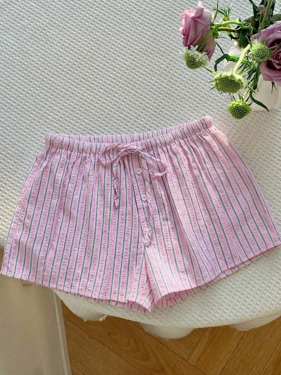 SHEIN EZwear Quần short nữ ống rộng kẻ sọc hồng. - Hồng - Xem 1