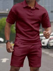 Manfinity CasualCool 男士夏季休閒純色短袖 Polo 衫與短褲套裝（不對稱設計） - 酒紅色 - 查看 3
