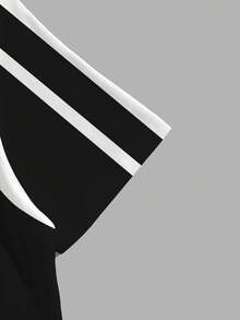 Chillumni 男女通用经典黑色T恤，白色条纹领，简约时尚休闲Logo设计圆领T恤 - 彩色 - 查看 3