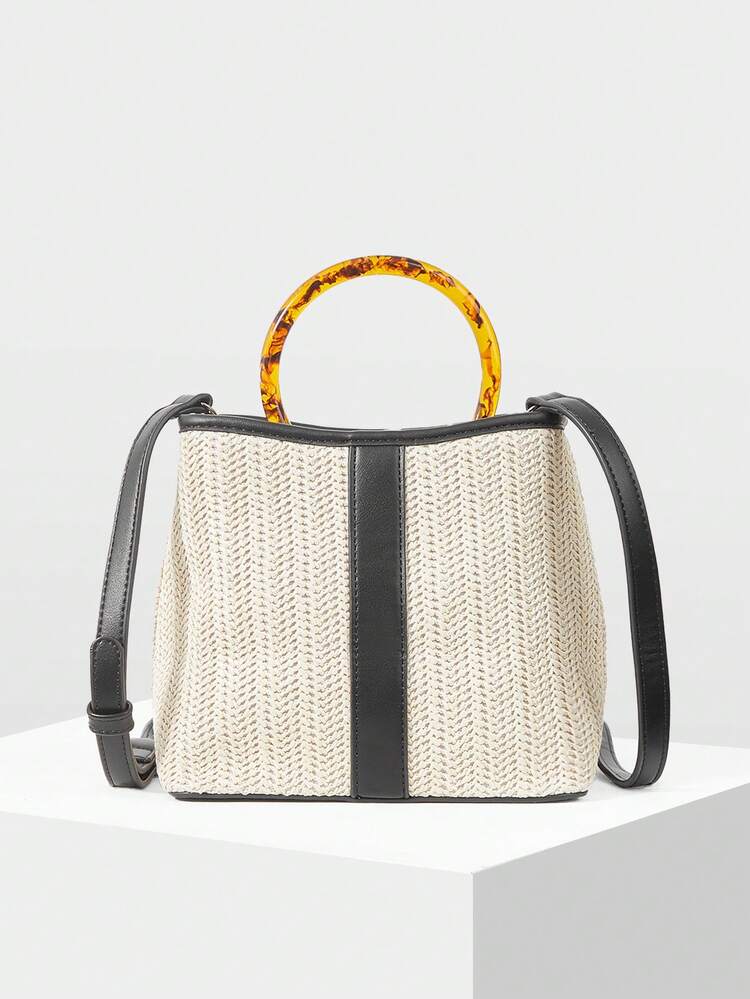 WOMEN'S CASUAL RATTAN HANDBAG BUCKET BAG, SUITABLE FOR VACATION AND TRAVEL