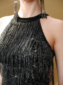 Arave Top corto de fiesta con diseño de patchwork, cuello de tripulación, ajustado, con flecos y de tela de punto para mujer - Negro - Ver 1