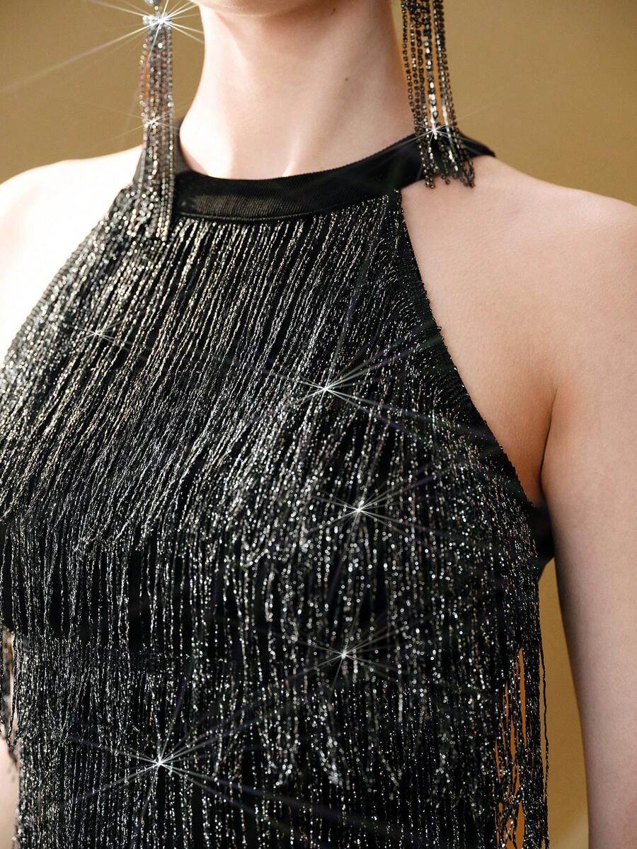 Arave Top corto de fiesta con diseño de patchwork, cuello de tripulación, ajustado, con flecos y de tela de punto para mujer - Negro - Ver 1