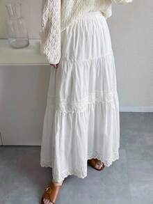 FRIFUL Women's Contrast Lace Maxi Flared Skirt - White - View 3