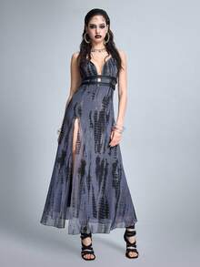 ROMWE Goth 深V领高开衩连衣裙，饰有深海气泡印花 - 彩色 - 查看 6