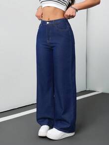 SHEIN PETITE CURVE 女款大尺碼海軍藍寬腿牛仔褲，親膚高腰寬鬆牛仔褲，休閒日常夏季街頭風，深色水洗休閒牛仔褲 - 藍色 - 查看 7