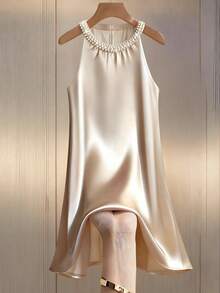 Franclia 女士无袖醋酸纤维铆钉浪漫度假连衣裙 - 杏色 - 查看 4