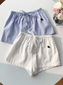 SHEIN Bộ 2 quần short kẻ sọc xanh trắng dành cho thiếu nữ, đa năng, thích hợp mặc hàng ngày, ở nhà, đi nghỉ mát, phối cùng nơ vải lanh. - Xanh và trắng - Xem 4