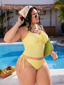 SHEIN Swim Mod 大码女式两件套纯色吊带泳衣，遮肚，适合海滩度假 - 黃色 - 查看 7