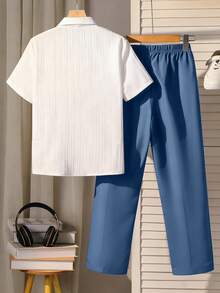 SHEIN Mirajuku Bộ 2 món đồ mặc nhà kiểu học sinh thường ngày đơn giản dành cho nam thiếu niên, gồm áo sơ mi và quần trắng. - Màu xanh lam - Xem 2