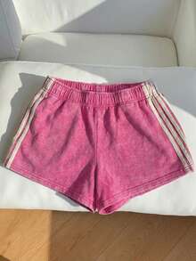 SHEIN EZwear 大码女式弹力腰撞色休闲百搭日常短裤 - 玫紅色 - 查看 4