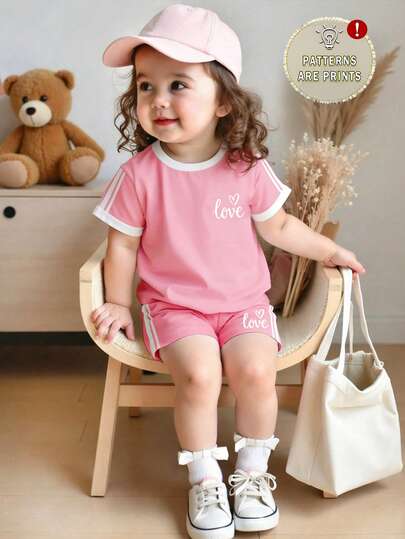 2pcs Baby Girl Casual Heart & Letter Print Contrast Color Striped Top And Striped Shorts Set, Suitable For Outings In Summer