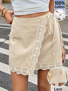 Serisse 女士撞色蕾丝系带裹腰裙 - 卡其色 - 查看 4