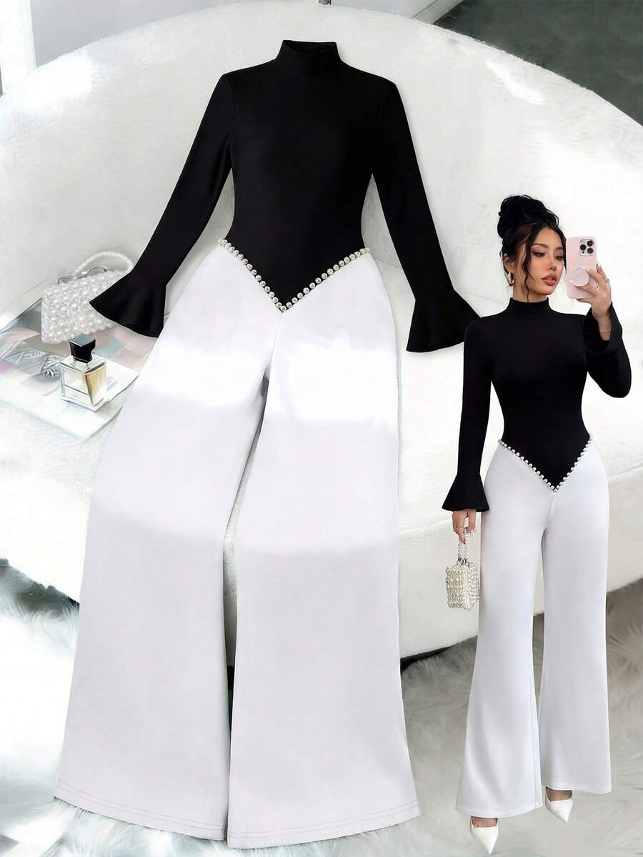 Elenzga Women's Elegant V-Neck Black & White Contrast Pearl Jumpsuit, Suitable For Autumn/Winter, Thanksgiving, Elegant Party, Christmas, New Year - Black and White - View 1