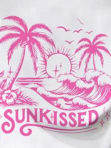 Glimmora 阳光之吻T恤，复古粉色棕榈树夏日风圆领修身短款女款T恤 - 白色 - 查看 3