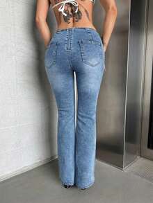 EgrlEra Quần jeans ống loe buộc dây dành cho nữ, kiểu dáng thường ngày, đa năng. - Rửa nhẹ - Xem 2