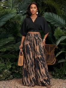 SHEIN Lady Conjunto casual de 2 piezas con top de cuello en V sólido con decoración de tachuelas y pantalones de pierna ancha para mujer - Multicolor - View 5