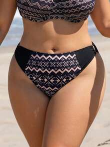 Swim Lushoire 大码女式黑色仿蕾丝印花时尚休闲性感高腰三角比基尼泳裤 - 黑色 - 查看 5