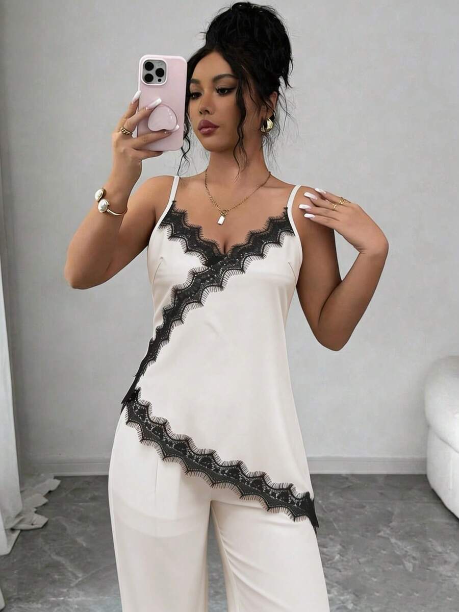 Modelyn Conjunto de 2 piezas de top camisola con escote en V y pantalones rectos con ajuste ceñido, con parches de encaje y bajo asimétrico, de estilo sexy y moderno