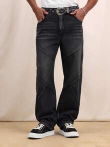 SUMWON 男士滑板风深色水洗牛仔裤，饰有撞色拼接，阔腿设计，休闲街头风，适合秋冬季穿着 - 黑色 - 查看 7