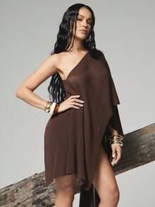 Hauture Bộ đồ 2 mảnh dành cho nữ: áo khoác ngoài cổ bất đối xứng và chân váy ngắn quấn quanh. - màu nâu - Xem 4