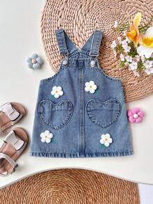 SHEIN 女婴可爱粉色蝴蝶结牛仔连衣裙，儿童女孩春夏休闲度假乡村波西米亚风服装，儿童女孩沙滩装，春假装，锐舞节牛仔连衣裙 - 淺色水洗藍 - 查看 3