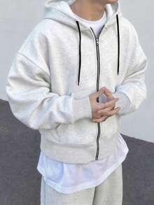 Manfinity Roghcode Bộ đồ thể thao nam thường ngày, áo hoodie có khóa kéo và quần nỉ màu trơn, phong cách đường phố, rộng rãi, họa tiết, đồ đôi, dành cho bạn bè, thể hiện tình yêu với bạn trai, phong cách đường phố, dành cho các cặp đôi. - Xám - Xem 3
