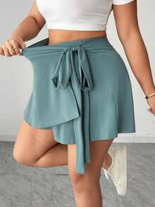 Elenzga Quần short buộc dây màu xanh bạc hà thời trang tối giản cho nữ cỡ lớn bằng vải lụa lạnh - Màu xanh Bạc hà - Xem 6