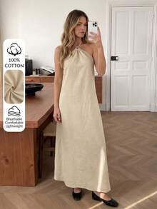 Easowa Vestido casual de verano sin espalda con cuello halter de unicolor para mujer - Albaricoque - Ver 5