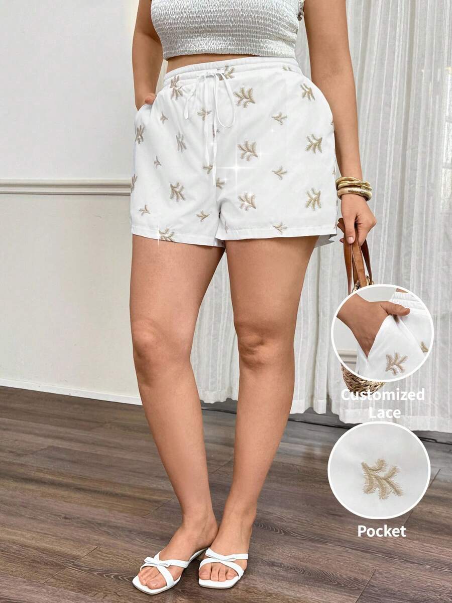 Lounesse Quần short thêu màu trắng cỡ lớn dành cho nữ, thích hợp mặc thường ngày hoặc đi làm. - trắng - Xem 1