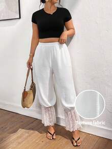 Lounesse Plus Size Women Lantern Pants With Lace Patchwork,Casual White Summer Basic Smart Casual Holiday Trousers,7/8 Length Beach Pants For Daily Wear - White - View 1