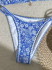 Swim Mod 2026新款女士夏季沙滩休闲度假碎花蓝色吊带金属星星吊坠露背性感高腰两件式比基尼泳衣 - 藍色 - 查看 4