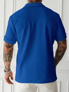 Manfinity Homme 男士純色短袖休閒通勤 Polo 衫，藍色拉鍊紋理襯衫 - 寶藍色 - 查看 2