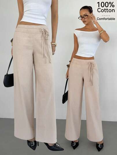 Siren Gaze 女士优雅休闲米色高腰系带抽绳阔腿裤，春夏宽松版型商务办公日常度假裤装，女士休闲套装办公下装