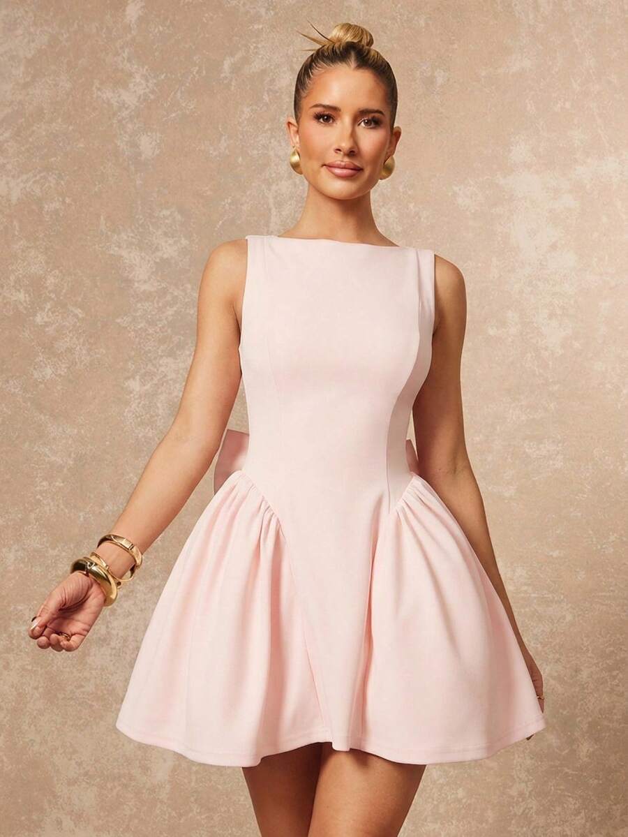 Lumalex Đầm ngắn màu hồng hở lưng gợi cảm mùa xuân hè cho nữ, chân váy xòe chữ A không tay cổ xéo thanh lịch, thích hợp cho tiệc tùng, đám cưới, mùa khai trương, lễ tốt nghiệp, ngày lễ, ngày Valentine, hẹn hò, chân váy ngắn cạp cao mới.