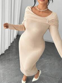 Elenzga 大码女士优雅通勤简约日常约会派对纹理高弹针织修身长裙 - 米色 - 查看 3