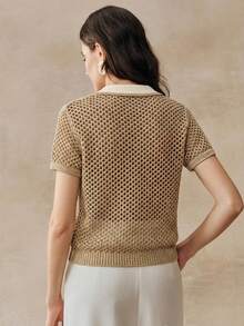 Anewsta Colorblock Linen Hollow Out Knit Polo Shirt For Women, Retro Collar Short Sleeve Top, Spring/Summer - Khaki - View 4