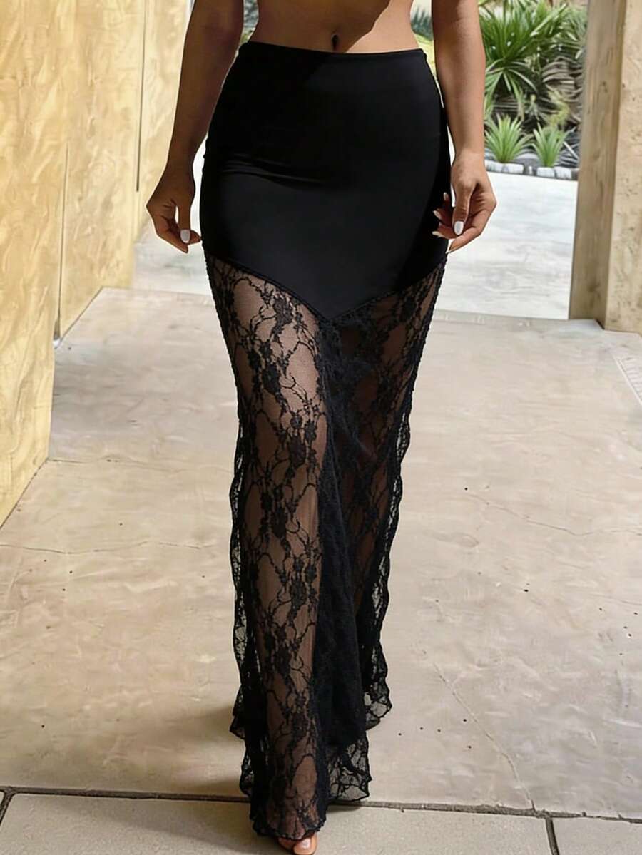 Swim Vcay Summer New Arrival Solid Color Lace Patchwork Bikini Bottom Women's Skirt Mermaid Lace Skirt Discount Clothes For Ladies Mesh Black Skirt - Black - View 1