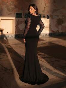 Aureia Vestido de punto con bajo de sirena, cuello redondo, manga larga, transparencia en el pecho, decoración de lentejuelas, parches de lentejuelas de lujo, adecuado para celebraciones, fiestas, eventos formales, galas, talla grande, estilo minimalista elegante en color negro - Negro - Ver 4