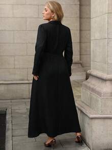 Juhart 大码女式纯色纹理 V 领金属纽扣装饰腰带喇叭形长裙，复古优雅休闲百搭，秋冬 - 黑色 - 查看 2