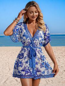 Swim Lushoire Áo khoác kimono nữ in hoa thắt nút, kiểu dáng thường ngày, thích hợp cho các chuyến đi chơi, kỳ nghỉ, bãi biển, tiệc trà chiều, dã ngoại và các bữa tiệc. - Xanh và trắng - Xem 3