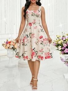 SHEIN Lady 女士纯色半袖开衫和印花连衣裙优雅两件套 - 彩色 - 查看 5
