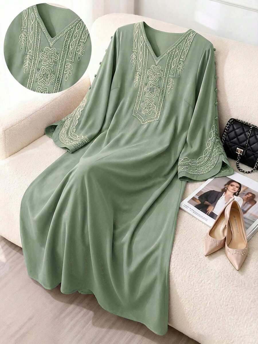 Al Najma Women's V-Neck Floral Embroidery Pattern Casual Loose Dress, Suitable For Party And Outing - Green - View 1