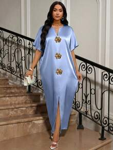 SHEIN Lady 四季皆宜的节日礼服/婚礼宾客/礼服/舞会礼服/金色/晚宴礼服/金色女士缎面提花前开衩连衣裙，休闲派对优雅 - 淺藍色 - 查看 7