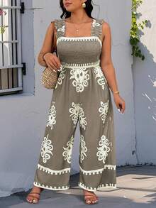 SHEIN PETITE Bộ áo liền quần dáng suông in họa tiết Totem, dây thun co giãn, cỡ lớn, thích hợp cho phụ nữ thấp bé, kiểu dáng rộng rãi và thoải mái, thích hợp mặc mùa hè. Áo liền quần cho nữ, trang phục mùa hè cho nữ. - Nhiều màu - Xem 5
