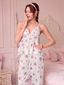 Bonmuse Lace Patchwork V-Neck Ditsy Floral Camisole & Pants Pajama Set - White - View 5
