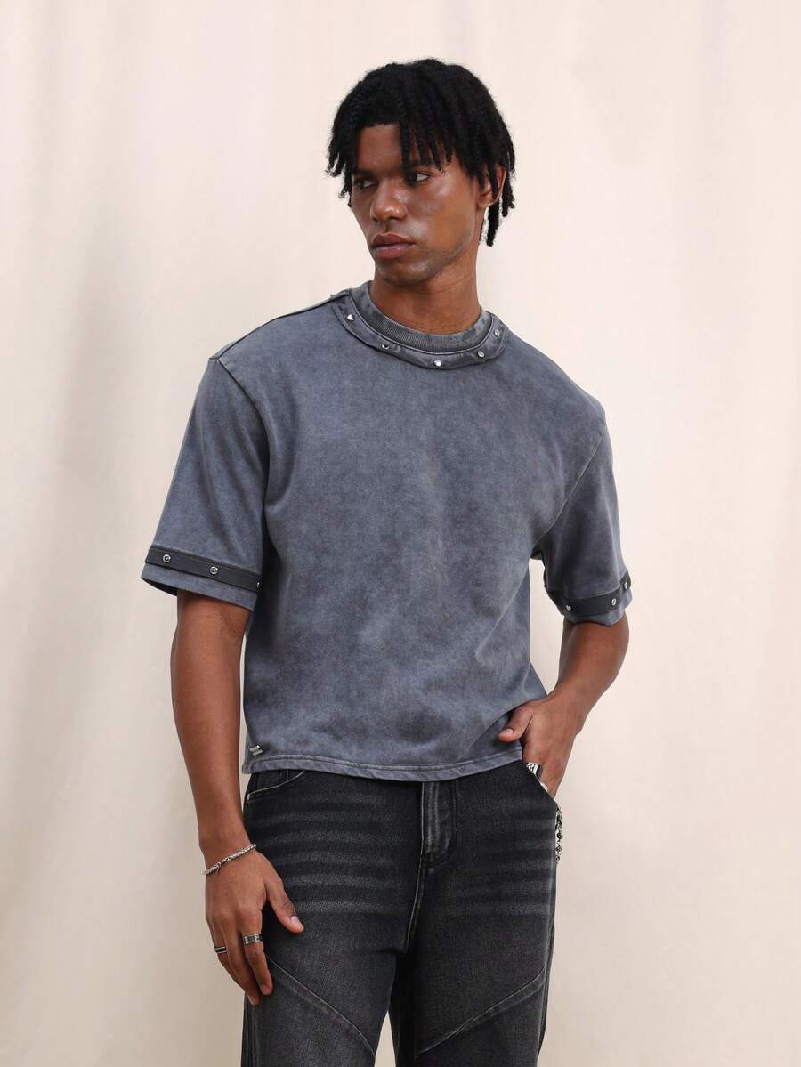 SUMWON Men Vintage Washed Crew Neck Boxy Fit Short Sleeve T-Shirt With Double Layer Neckline And Metal Studs Casual Weekend Cotton Tee - Grey - View 1