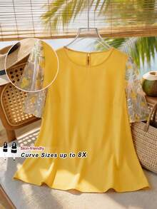 SHEIN CURVE+ Plus Size Curve Size US22Music Festival, Seaside Vacation, BohemiaLadies' Elegant Embroidered Patchwork Ruffle Sleeves Yellow Shirt In - Yellow - View 1