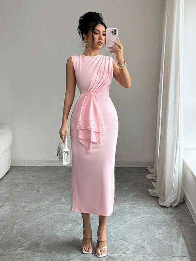 Elenzga Women's Fashion Knitted Round Neck Pleated Pearl Decor Fitted Elegant Romantic Casual Daily, Date, Commute, Dinner, Vacation Dress, Pink, Spring/Summer