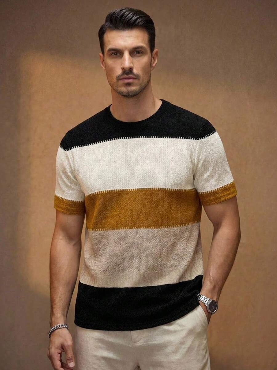 Manfinity VCAY Áo thun nam tay ngắn cổ tròn phối màu tương phản, kiểu dáng thường ngày, đa năng.